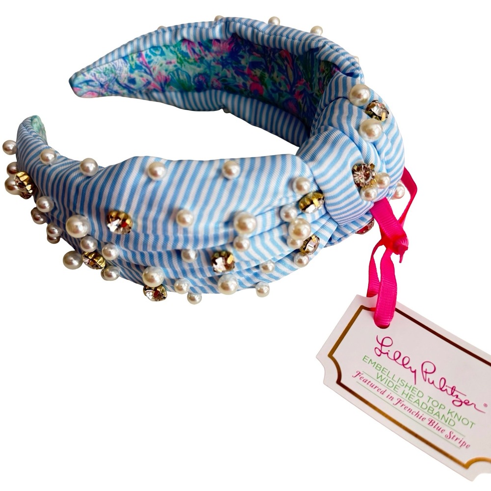 Lilly Pulitzer Embellished Top Knot Wide Headband Frenchie Blue Stripe Pearl New